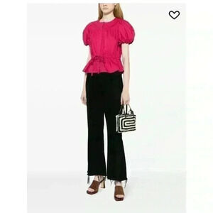 Ulla Johnson Peplum Hem Tie Magenta Puff Sleeves Cotton Blouse Size 00/0/2.